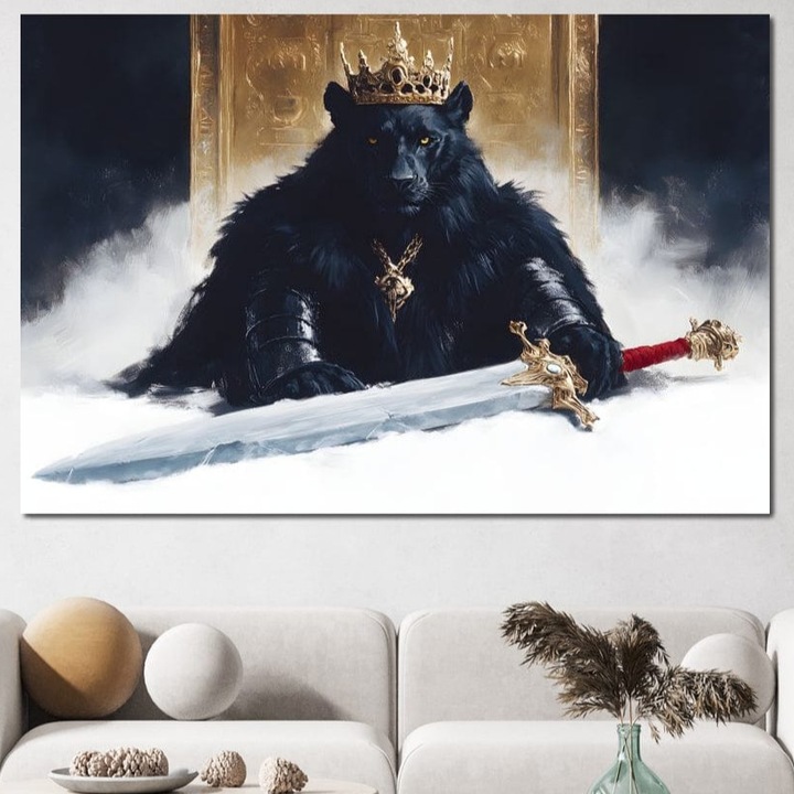 Премиум картина върху платно, LuxCanva® M1195, Тронът на сенките, 80 X 120 см, 100% памучно платно 400 г/м2, дървена рамка, пантера, котка, корона, меч, крал, трон, злато, мъгла, мистик, рицар, благородник, сила, офис, хол, детска стая