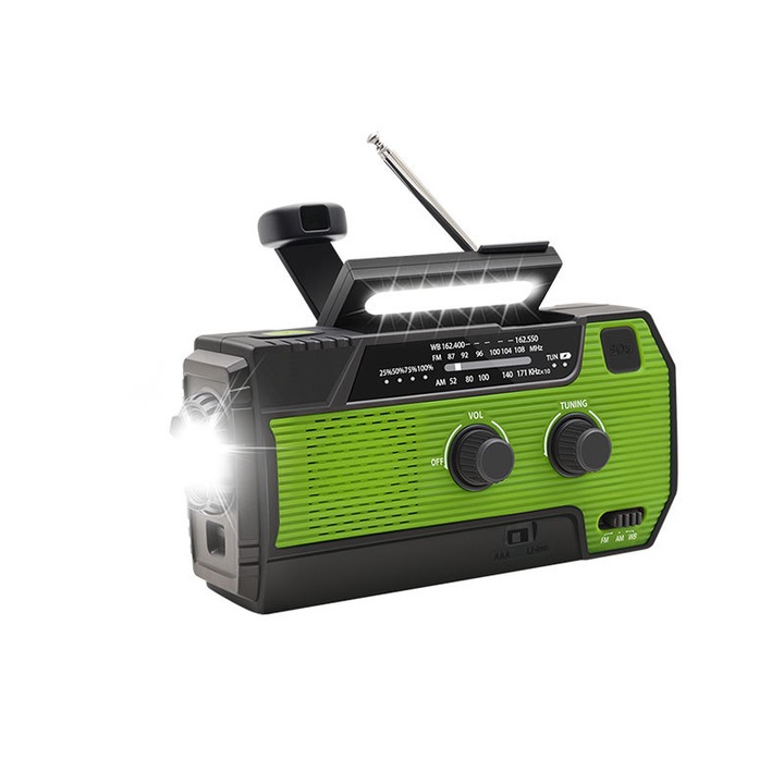Radio portabil, AM/FM/NOAA, prevenirea dezastrelor, energie solara, generator cu manivela, functie de alarma SOS, lanterna, 4000mAh, patru metode de incarcare, 156x60x80mm, verde