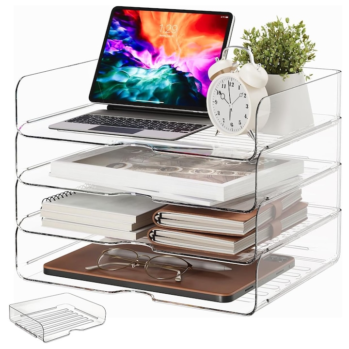 Suport dosare, Buyya®, Organizator documente, tavite pentru documente, Cutie organizare, Organizator birou, Suport documente, Tava de depozitare acrilica, 4 straturi, Economiseste spatiu pe masa, Pentru casa, Birou, 33*24*27.5 cm