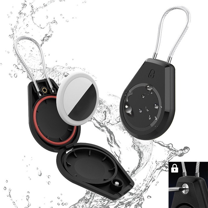 Set 2 huse pentru AirTag, Impermeabil, Cu cablu metalic si lncuietoare hexagonala, PC, Negru