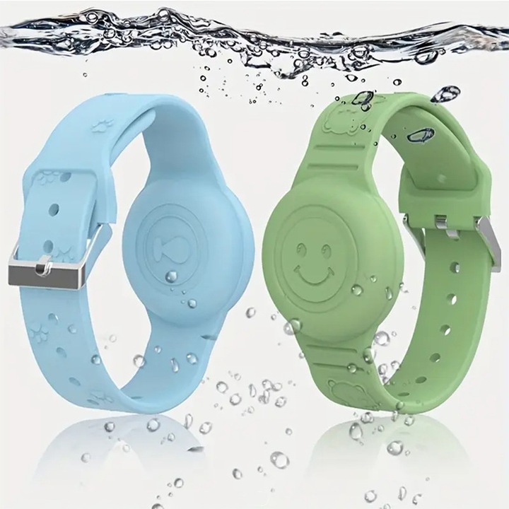 Husa si curea pentru copii, Compatibila cu Apple pentru AirTag, Silicon, Model zambitor, Verde