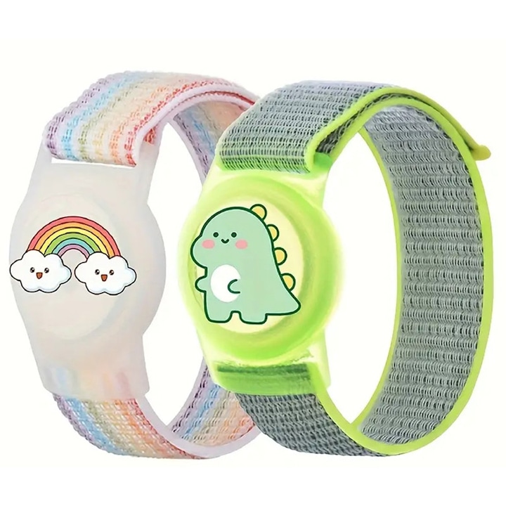 Husa si curea pentru copii, Compatibila cu Apple pentru AirTag, Silicon, Alb & Verde