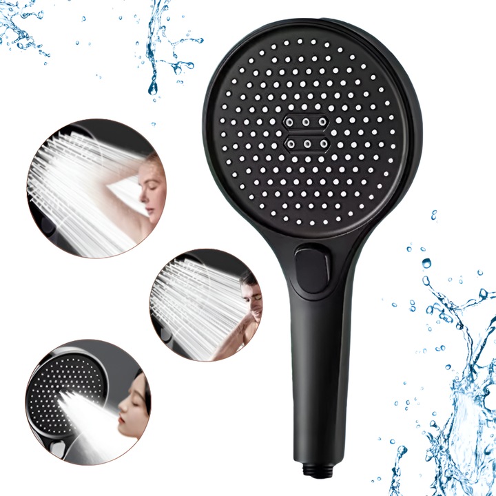 Cap Dus Presurizat Para 3 Functii cu Suport Autoadeziv Fara Gaurire, Jet Reglabil, ABS Negru, Instalare Rapida fara Unelte, Compatibil Universal G1/2, Ideal Pentru Presiune Scazuta, Negru