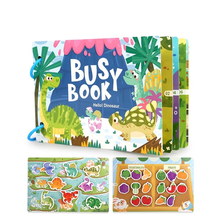 Carte educativa cu stickere, Busy Book, model cu Dinozauri, Dicollas, 10 pagini