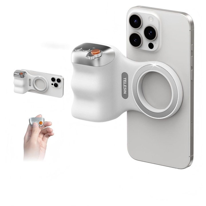 Maner declansator magnetic TELESIN Fun Shot pentru camera foto DSLR, pentru iPhone si Android, cu buton declansator wireless detasabil - surub de 1/4" - maner ergonomic confortabil pentru camera