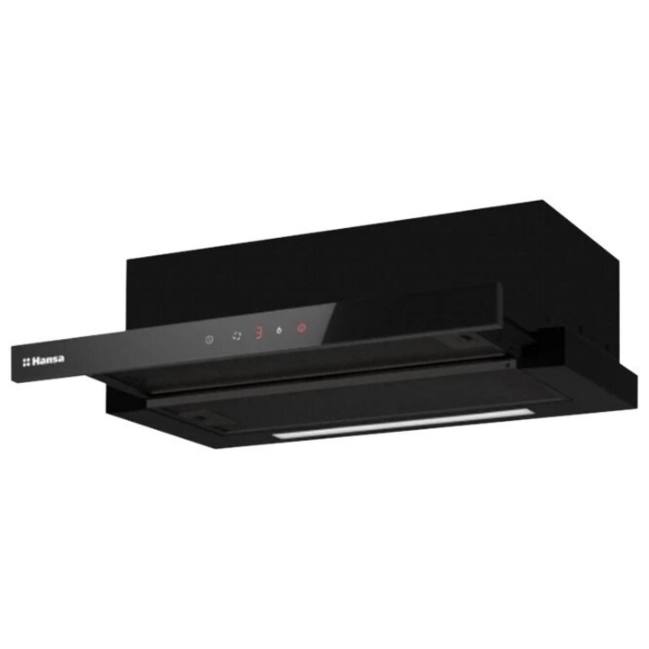Hota telescopica Hansa, 60 cm, 550 m3/h, 1 motor, 2 filtre aluminiu, 3 trepte, iluminare LED, control touch, Negru