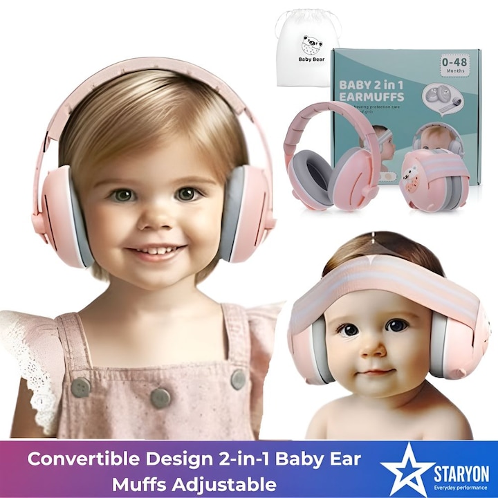 Casti antifonice pentru bebelusi si copii Staryon®, 0-4 ani, 2 Moduri de Utilizare Interschimbabile, Reglabile si Ergonomice, Foarte Usoare, Fara presiune pe fontanela, Anulare zgomot 25dB SNR, Anti-alunecare, pentru Protectie Auzului, ROZ