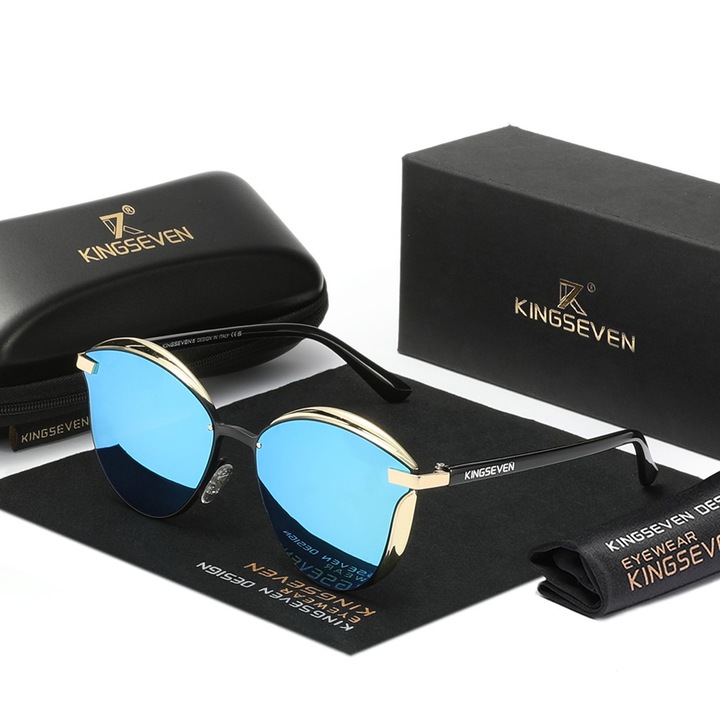 Ochelari de soare dama, Kingseven, polarizati, UV400, moda, rama de ochi de pisica, Marime unica, set complet, albastru