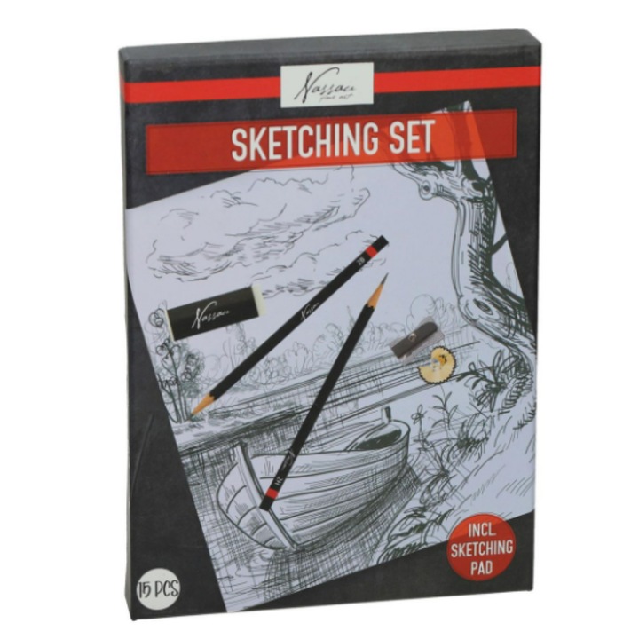 Комплект за скициране и рисуване, Artmaker, 12 молива с различна твърдост, гумичка, острилка и блок A5, идеален за учене и творческа работа, практичен формат за курсове и дейности на открито, 22 x 16 см, черен