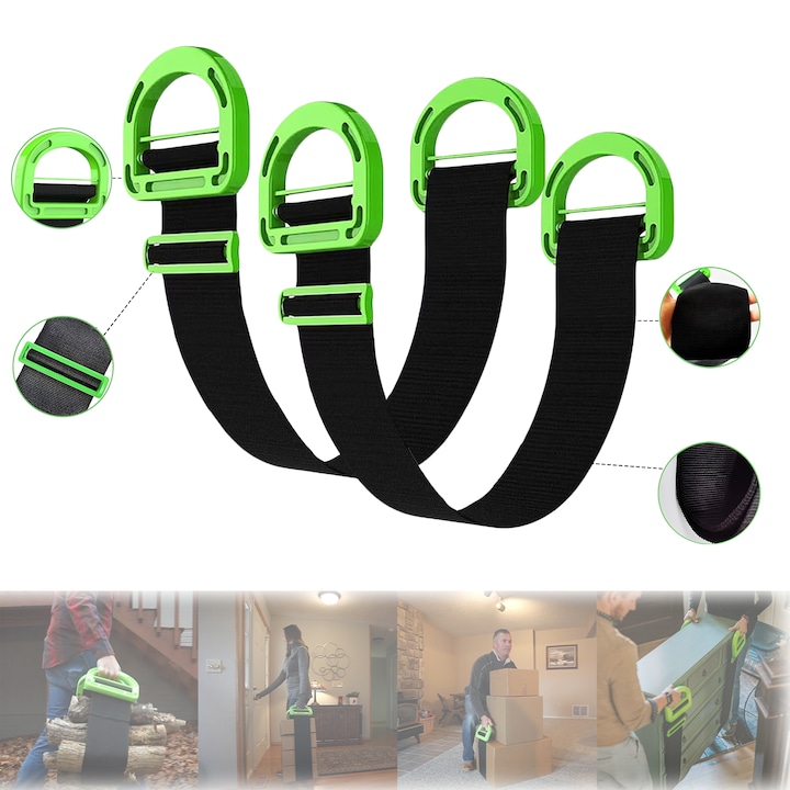 Set 2 banda de ridicat ajustabila pentru mutat, dispozitive de ridicare mobila, suporta pana la 600 lbs, ergonomic, Instrument profesional pentru transportul fara efort al mobilei