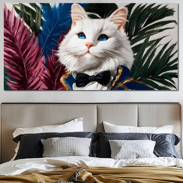 Премиум картина върху платно, LuxCanva® M1201, Величеството на пуха, 50 X 100 см, 100% памучно платно 400 г/м2, дървена рамка, котка, папионка, елегантна, костюм, котешка, листа, благородна, растение, мода, императорска, барон, офис, хол, детска стая