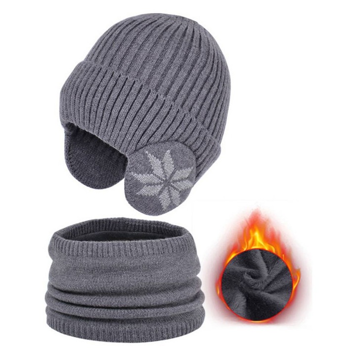 Комплект дамска шапка и шал YSBER, 2 части, с топла подплата, универсален размер, Плетено, Сив