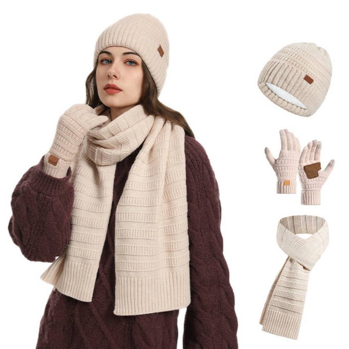 Комплект: шапка, шал и ръкавици с тъчскрийн, YSBER, Зимен, за ежедневно носене, разходка на кучета, пътувания, ски и други зимни дейности на открито, универсален размер, бежов