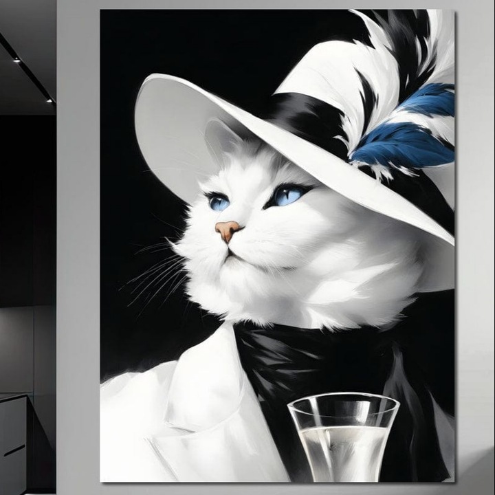 Премиум картина върху платно, LuxCanva® M1202, Шампанско и харизма, 90 X 120 см, 100% памучно платно 400 г/м2, дървена рамка, шапка, пера, чаша, шампанско, котка, лукс, елегантност, котешка, аристократка, мода, дива, блясък, офис, хол, детска стая
