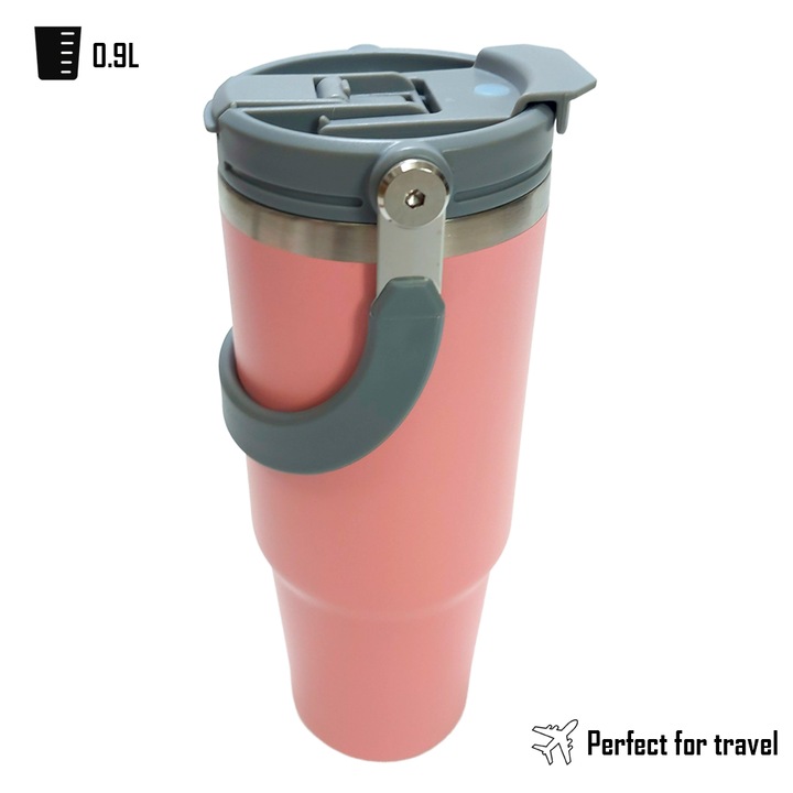 Termosz bögre összecsukható fogantyúval és ergonomikus kialakítással pohártartókhoz, kávéhoz, teához és hideg italokhoz, rozsdamentes acél, 0,9 l, rózsaszín, csúszásmentes gumírozott külső réteg, Casamoni®