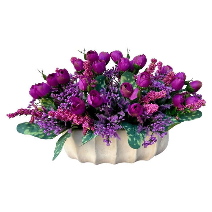Aranjament floral oval, Dady, flori artificiale cu trandafiri boboci mov fucsia, vas din piatra, 26x17x17 cm