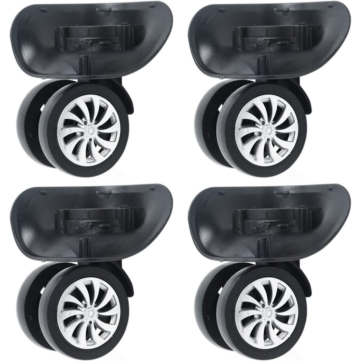 Set 4 roti de schimb pentru bagaje, rotire 360, Plastic, Ofertati unelte de instalare, Silentios, 10,2x6,5cm, Negru