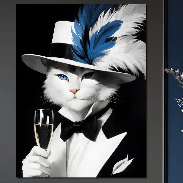 Премиум картина върху платно, LuxCanva® M1200, Аристократична котка, 75 X 100 см, 100% памучно платно 400 г/м2, дървена рамка, шампанско, чаша, лукс, котешки, пера, шапка, костюм, мода, изтънчен, котка, блясък, шик, офис, хол, детска стая