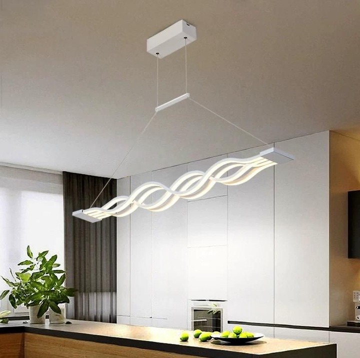 LED полилей 105W - 140W, модерен вълнообразен дизайн, бял, с дистанционно управление, регулируем интензитет на светлината и температура (студена/топла/неутрална), регулируема височина, мощно и елегантно осветление
