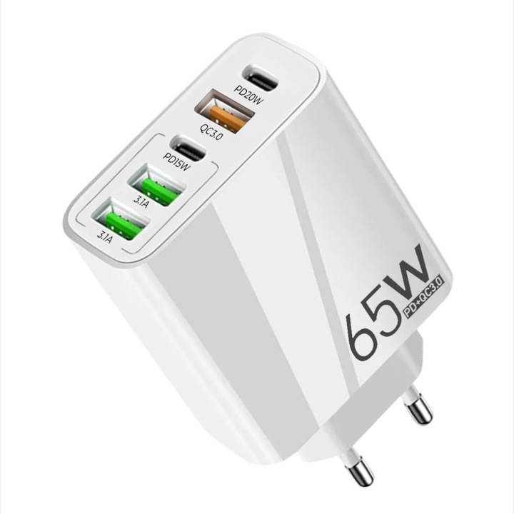 65 W-os fali töltő, 5 USB port (2x USB-C PD, 1x QC 3.0, 2x USB-A), gyorstöltés, turbóhűtés, univerzális kompatibilitás: iPhone, Samsung, MacBook