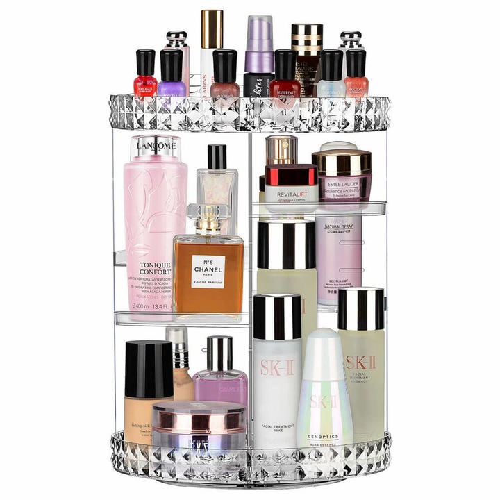 Depozitare cosmetica rotativa la 360 de grade cu rafturi mobile