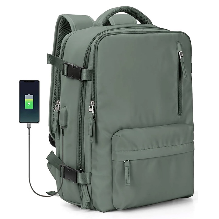 Quasar & Co. hátizsák, multifunkcionális, vízálló, cipőrekesszel, kocsi függesztő rendszerrel, USB, textil, 43x30x20 cm, Khaki