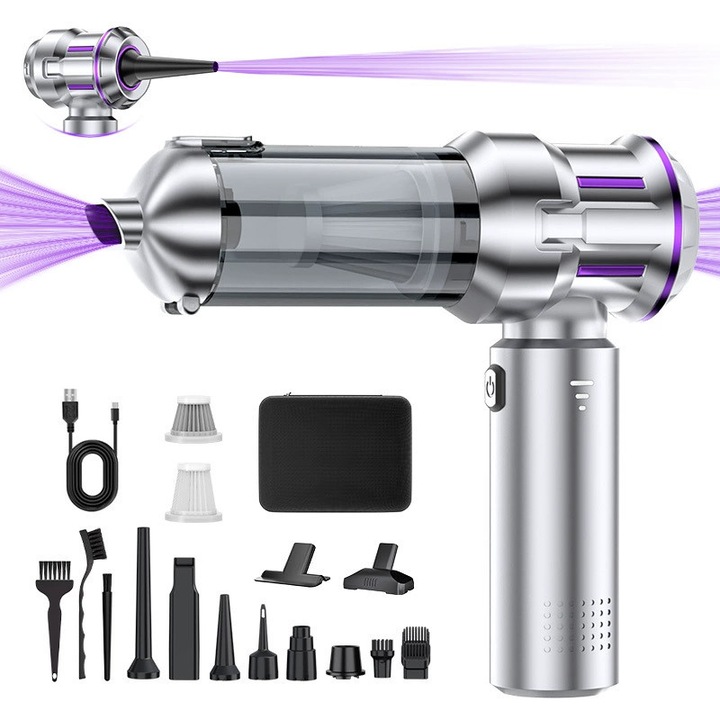 Aspirator auto portabil si suflanta de aer fara fir, vidare, umflare, suflare, cu accesorii, multifunctional si geanta de depozitare - premium, calitate superioara GALLY PRIME ST-6691Plus, 16000Pa, 3 viteze, pentru masina, casa si birou