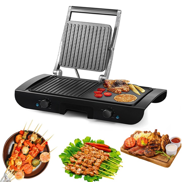 Електрически грил без дим, 1500W, Мултифункционален дизайн с двойна плоча, Подвижна тава за оттичане на мазнина, Незалепващо покритие, Контрол на температурата, Тава за печене и тиган 2 в 1, Двустранно нагряване, Преса за панини грил, Сребристо черно