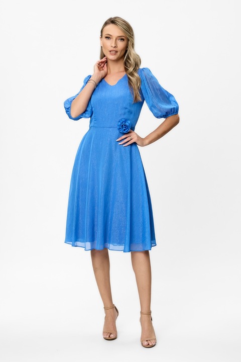 BAROCCA, Rochie evazata cu maneci bufante semi-transparente si aplicatie florala Alison, Albastru royal, 38