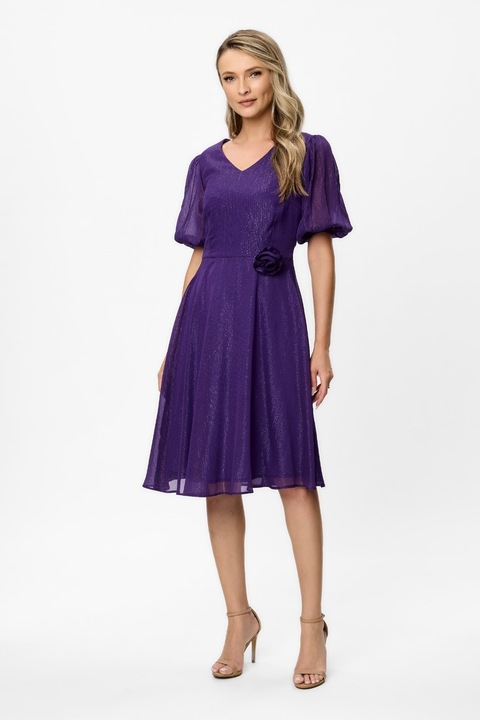 BAROCCA, Rochie evazata cu maneci bufante semi-transparente si aplicatie florala Alison, Violet, 44