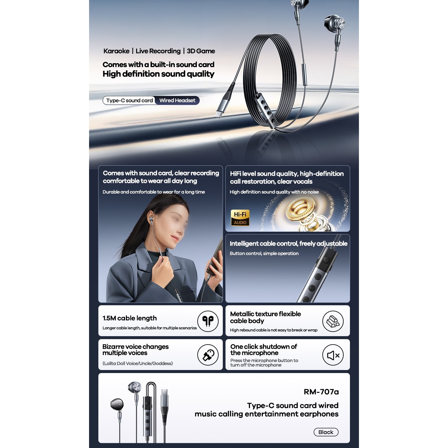 Casti cu fir, tip C, calitate audio HIFI, placa de sunet incorporata, microfon incorporat, potrivite pentru inregistrare live/melodii/jocuri K, confortabile de purtat, negre