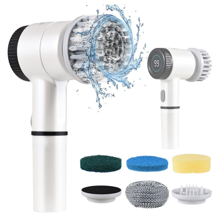 Perie electrica de curatare, 5 in 1, Afisaj Digital, incarcare type C-usb, 3 Viteze, WATER-PROOF IP-67, 5 diverse capete pentru Bucatarie, Sticla, baia, color Alb, HAPPY JOKER®