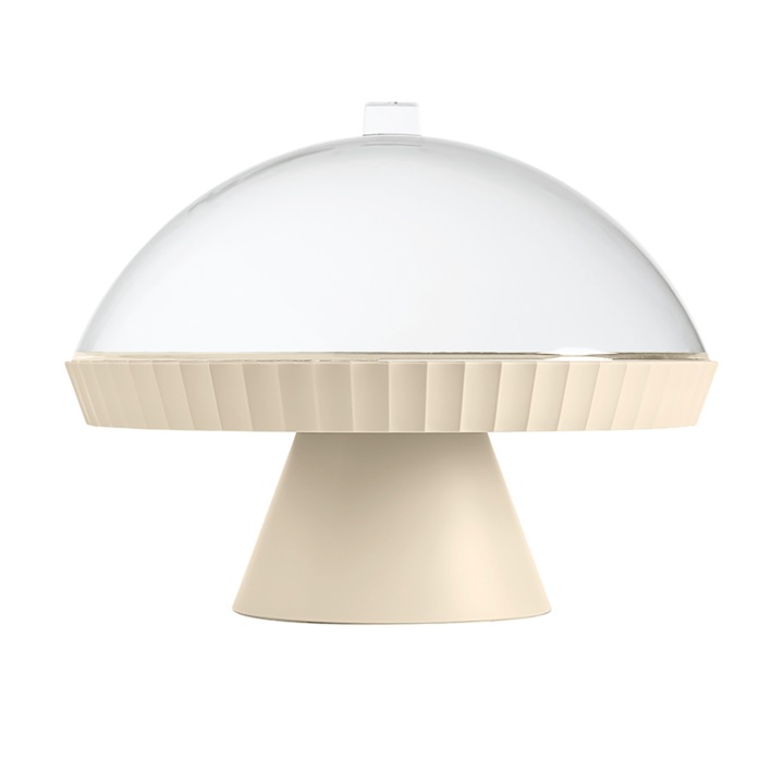 Tortástál, 30 cm-es átmérő, talpas, fedéllel és tortalapáttal, krémszínű