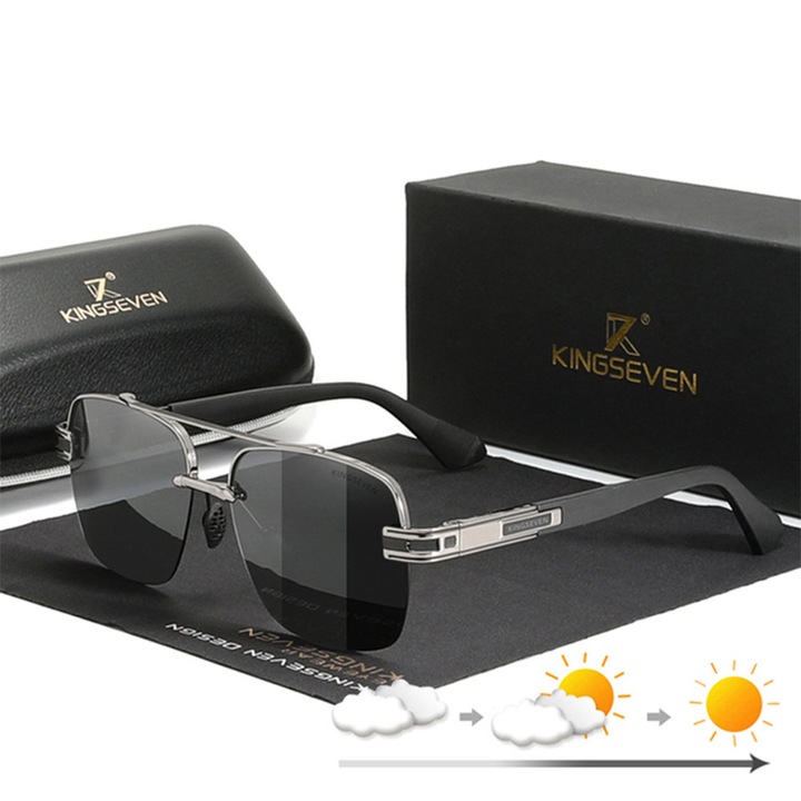 Ochelari de soare barbati, Kingseven, polarizati, UV400, Marime unica, set complet, fotocromic
