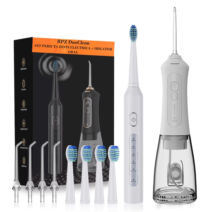 SET Professional szájzuhany, RPZ DuoClean, vezeték nélküli, hordozható, IPX7, túlmelegedés elleni védelem, 300 ml-es tartály, 5 különböző cserélhető fúvóka, 4 fogkefefej, szájvíz, fehér színű