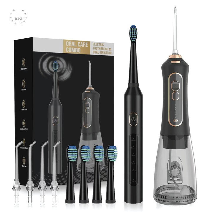 SET Irigator Oral Profesional + Periuta de dinti electrica, RPZ DuoClean, fara fir, portabil, IPX7, Protectie supraincalzire, Rezervor 300 ml, 5 diuze diferite interschimbabile, 4 capete periuta de dinti, dus bucal, culoarea negru