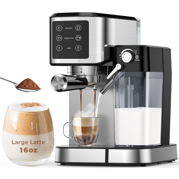 Espressor 20 Bar cu Spumator Automat de Lapte, Luxeeo, Aparat pentru Cappuccino si Latte, Design din Otel Inoxidabil, 1350W, Ecran Tactil, Sistem Dual de Incalzire si Pompa Dubla, Argintiu