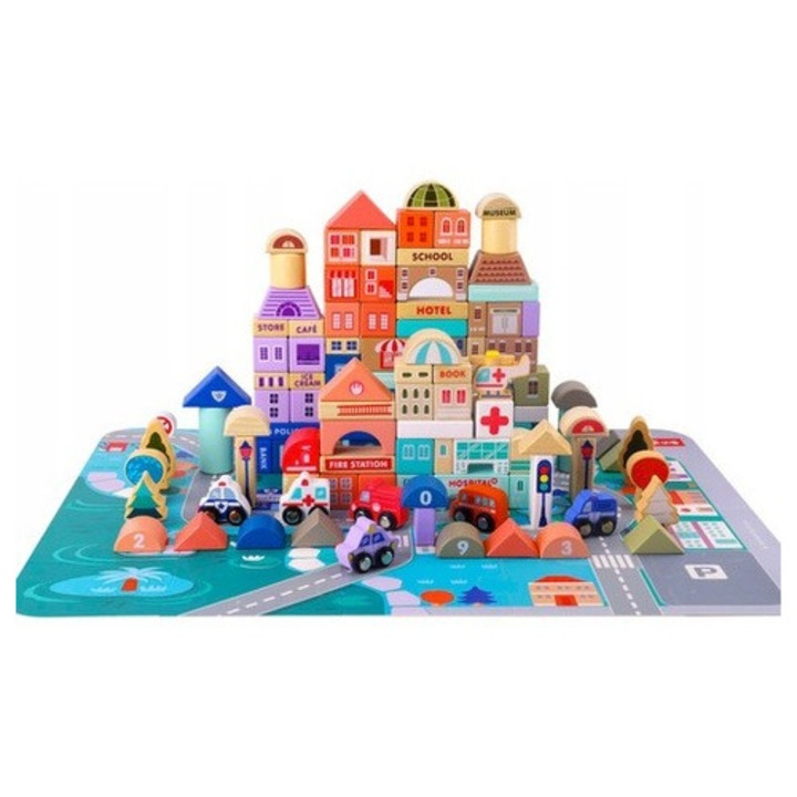 Set de constructie pentru copii, din lemn, 115 cuburi, 3 ani+, multicolor, Dactylion®