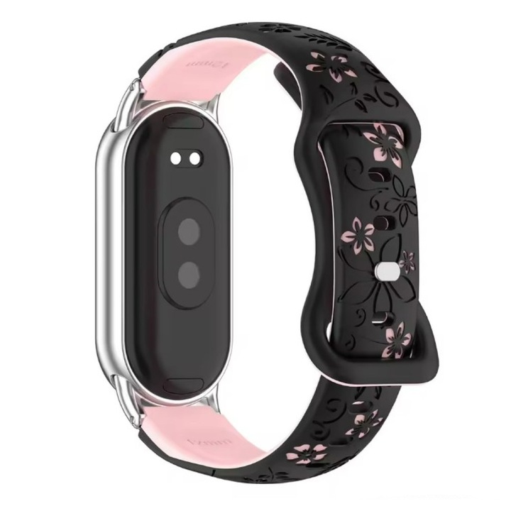 Силиконова каишка с флорален принт за Xiaomi Mi Band 8 / 9 / 10, сребриста метална закопчалка, черно/светлорозово