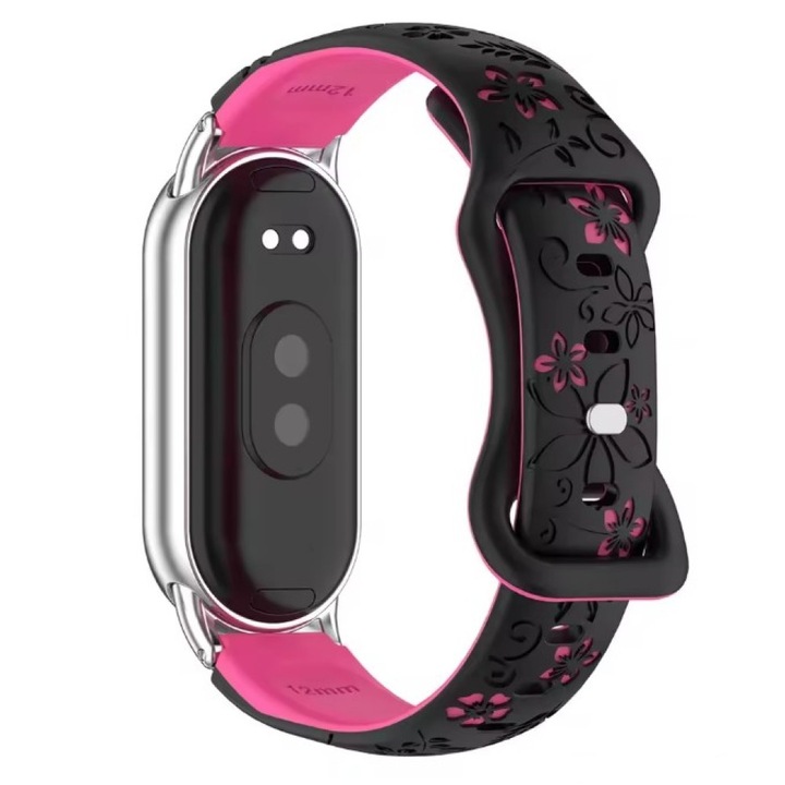 Силиконова каишка с флорален принт за Xiaomi Mi Band 8 / 9 / 10, сребриста метална закопчалка, черно/тъмно розово