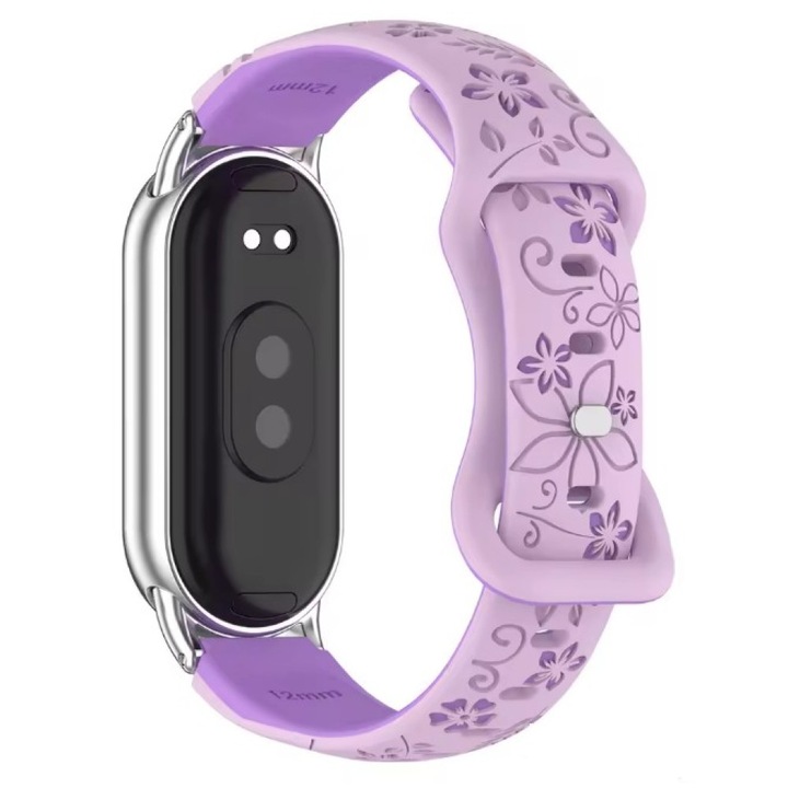 Каишка с флорален принт за Xiaomi Mi Band 8 / 9 / 10, силиконова, сребриста метална закопчалка, лилава