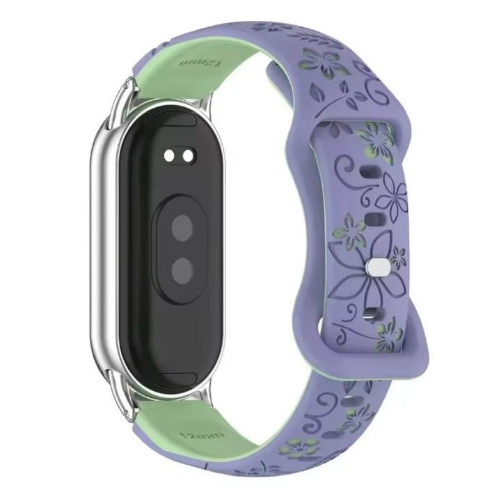 Curea silicon florala pentru Xiaomi Mi Band 8 / 9 / 10, prindere metalica argintie, violet/verde