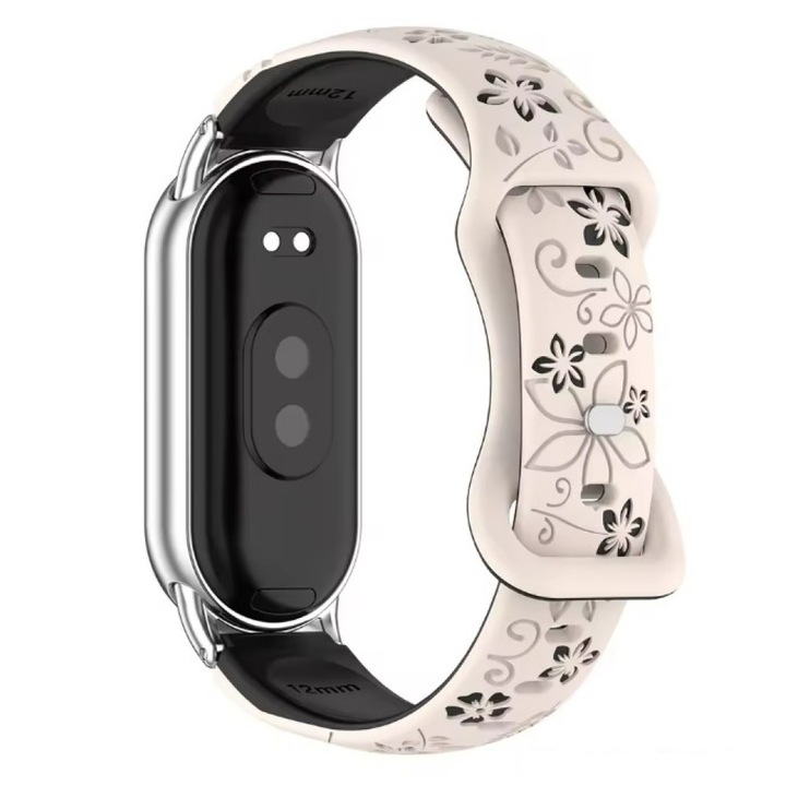 Curea silicon florala pentru Xiaomi Mi Band 8 / 9 / 10, prindere metalica argintie, Best Accessories, bej/negru