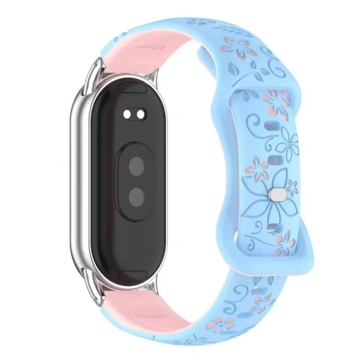 Силиконова каишка с флорален принт за Xiaomi Mi Band 8 / 9 / 10, сребриста метална закопчалка, синьо/розово