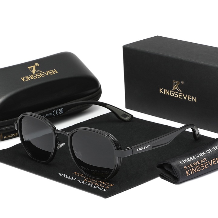 Ochelari de soare barbati, Kingseven, Barbati, Polarizati, UV400, Rotunzi, Casual, Conducere, Outdoor, Luxos, Moda, negru-gri