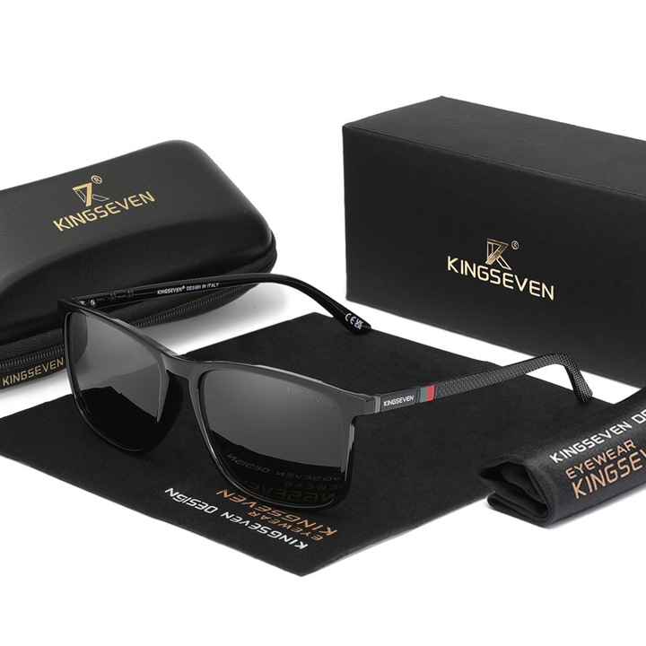 Ochelari de soare barbati, Kingseven, Barbati, Femei, Polarizati, UV400, Ultraleve, Rectangulari, Conduce, Outdoor, Moda, Casual, negru lucios