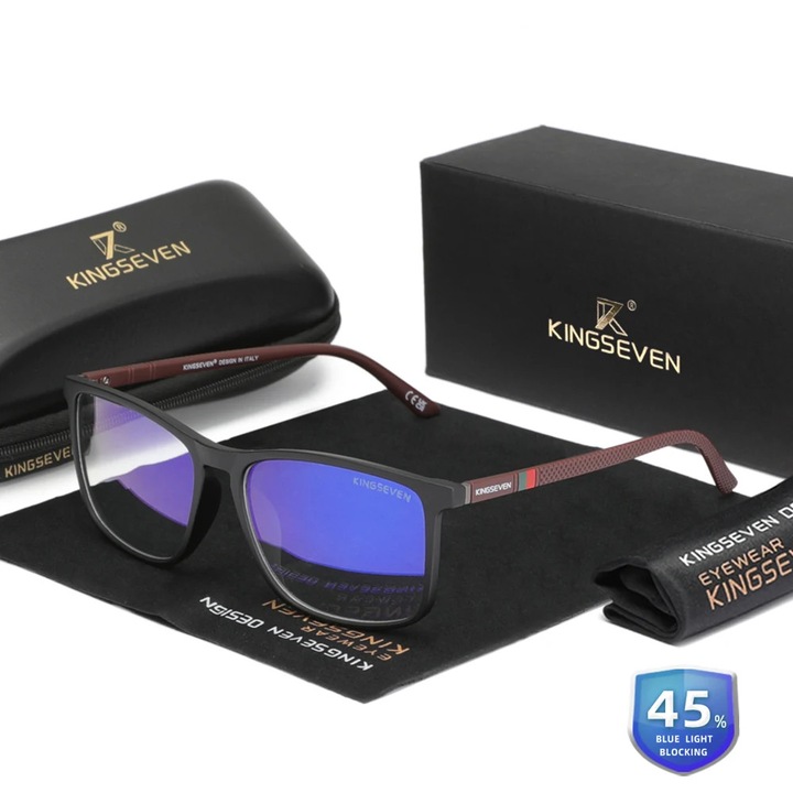 Ochelari de vedere Kingseven, model dreptunghiular, blocare lumina albastra, set complet, rosu-negru 45%