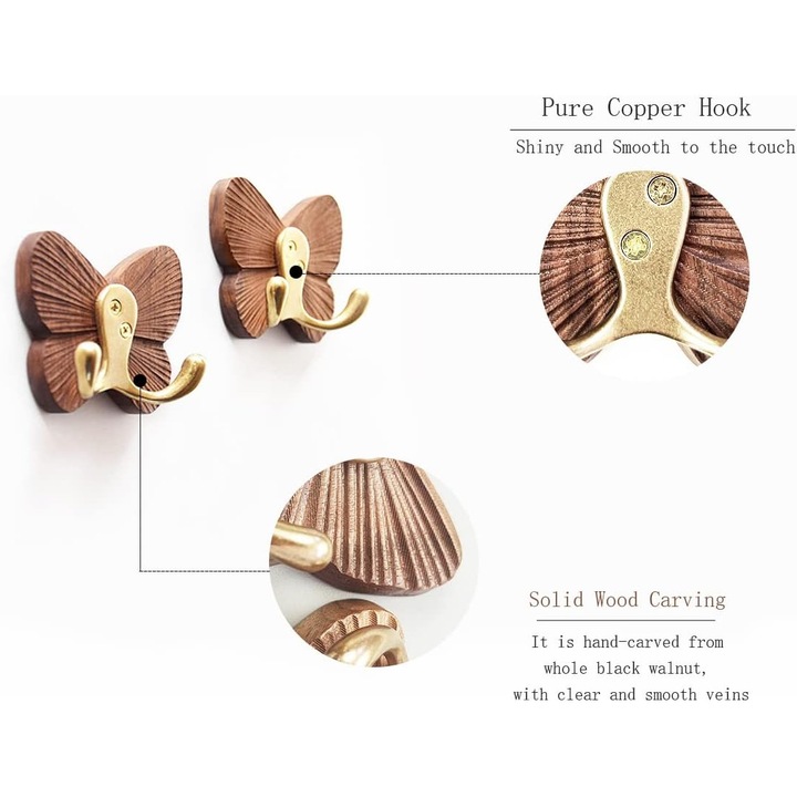 Set de 2 cuiere decorative din lemn, forma de fluture, nuc negru cu alama, pentru haine, 10x15cm