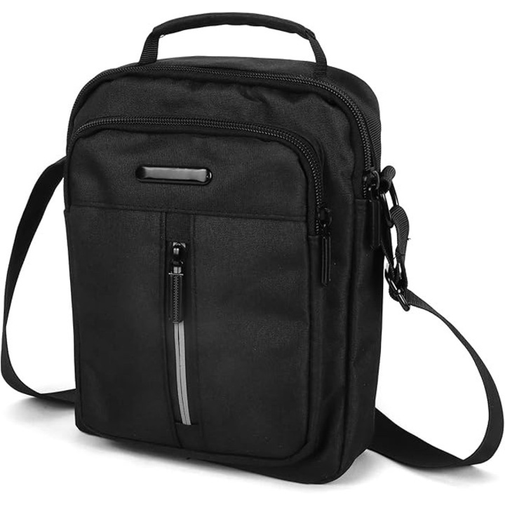 Férfi válltáska, vízálló, 4 cipzáras rekesszel, fekete, 23x18x7cm