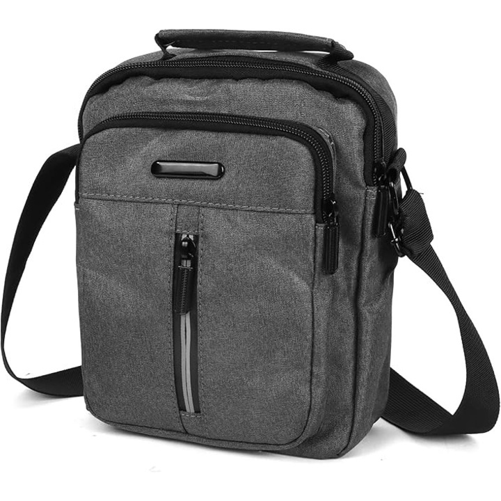 Férfi válltáska, 4 cipzáros rekesz, vízálló, szürke, 23x18x7cm